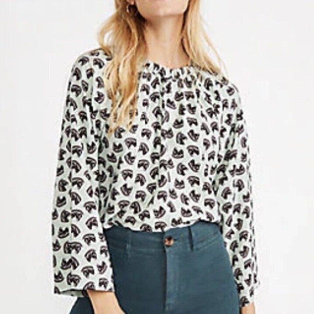 New Ann Taylor Womens XS Horse Print Shirred Neck Top Blouse